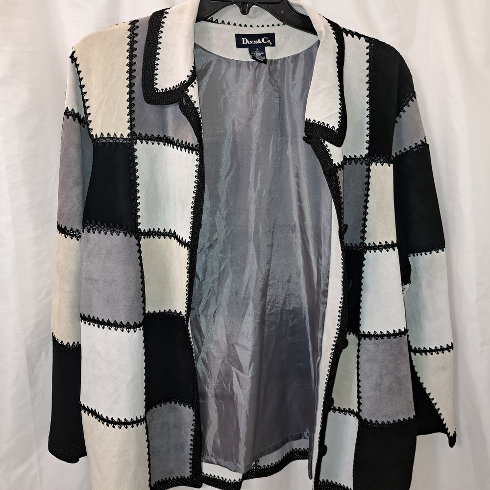 Denim&Co Sz 1X Women's Patchwork Leather Jacket - Black, Gray, and Cream - Picture 3 of 11